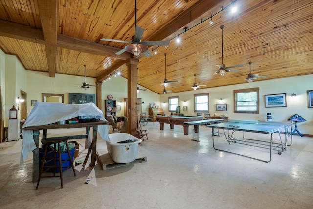 playroom with high vaulted ceiling, billiards, rail lighting, wooden ceiling, and beam ceiling