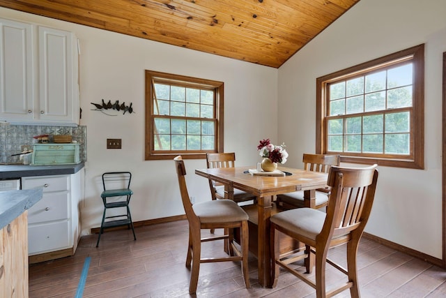 dining space with lofted ceiling, plenty of natural light, wood ceiling, and light hardwood / wood-style flooring