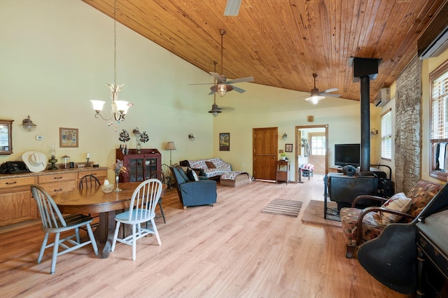 dining space with ceiling fan with notable chandelier, high vaulted ceiling, a wood stove, wood ceiling, and light hardwood / wood-style floors