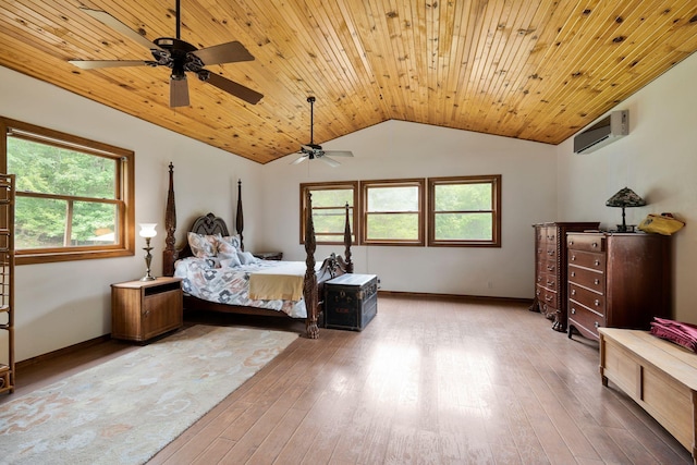 bedroom with wood ceiling, a wall mounted AC, vaulted ceiling, and light hardwood / wood-style flooring