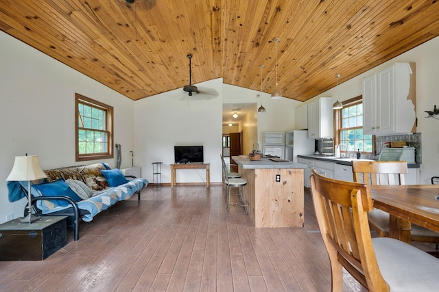 kitchen featuring wood ceiling, wood-type flooring, a center island, vaulted ceiling, and white cabinets