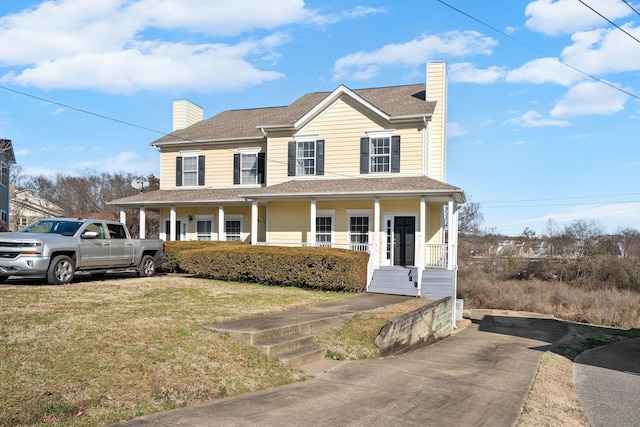 farmhouse-style home featuring a front yard and covered porch