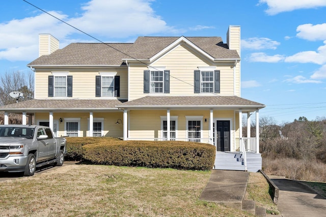 view of front of house with a front yard and a porch