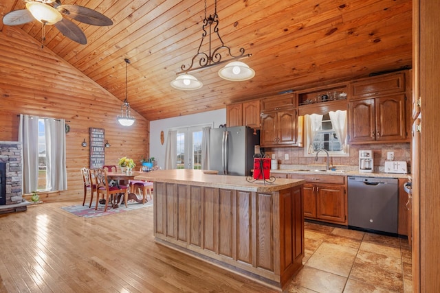 kitchen featuring a kitchen island, pendant lighting, sink, stainless steel appliances, and wooden ceiling