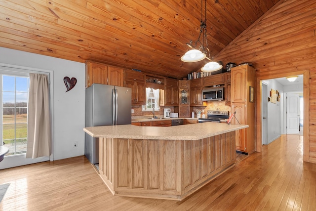 kitchen featuring stainless steel appliances, sink, hanging light fixtures, and light wood-type flooring