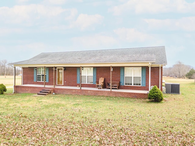 single story home with central AC and a front lawn