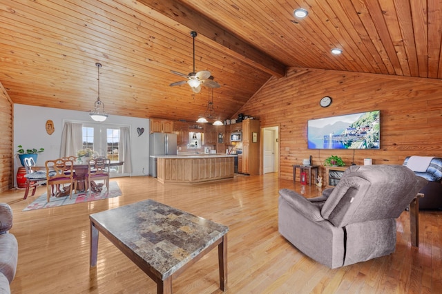 living room with beam ceiling, wooden ceiling, light hardwood / wood-style floors, and wood walls