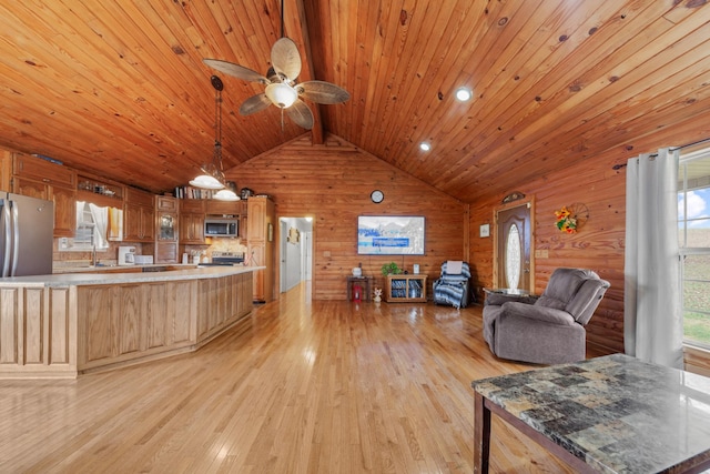 living room featuring wood walls, lofted ceiling with beams, ceiling fan, wood ceiling, and light hardwood / wood-style flooring