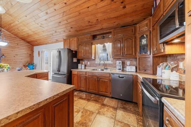 kitchen with sink, wooden ceiling, appliances with stainless steel finishes, wooden walls, and decorative backsplash