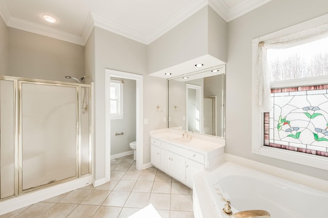 full bathroom featuring crown molding, tile patterned floors, vanity, and shower with separate bathtub