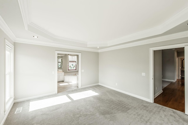 spare room featuring ornamental molding, light carpet, and a tray ceiling