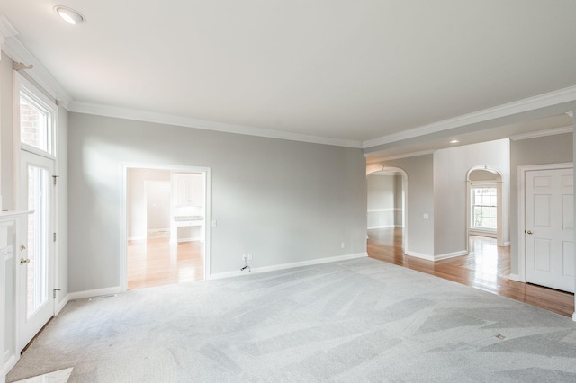 spare room with crown molding and light colored carpet