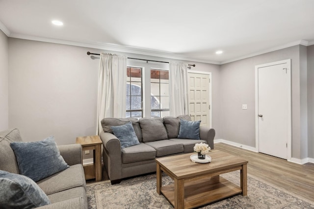 living room featuring crown molding and light hardwood / wood-style flooring