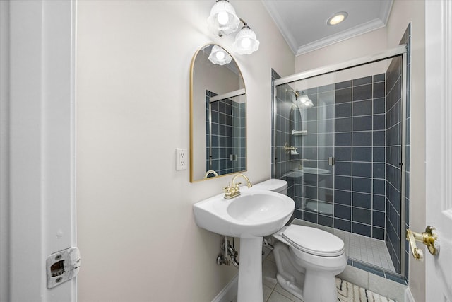 bathroom featuring crown molding, tile patterned floors, toilet, and walk in shower