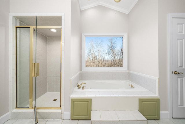 bathroom with crown molding, tile patterned floors, and independent shower and bath