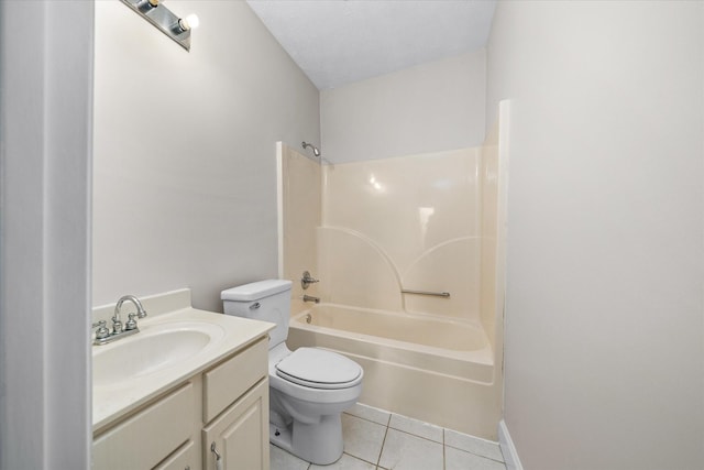 full bathroom featuring tile patterned flooring, vanity,  shower combination, toilet, and a textured ceiling