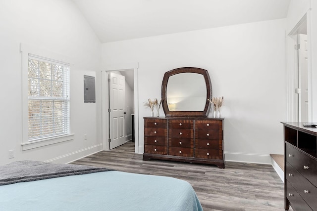 bedroom with lofted ceiling, dark hardwood / wood-style flooring, and electric panel