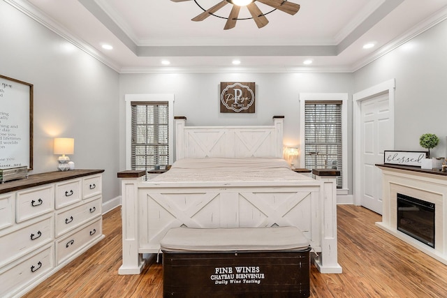 bedroom with a raised ceiling, ornamental molding, and multiple windows