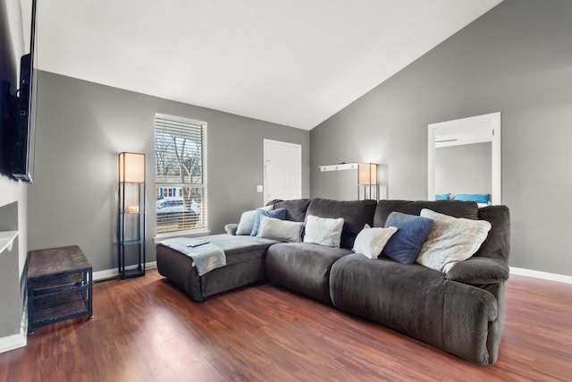 living room with lofted ceiling and dark wood-type flooring