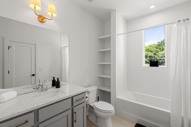 full bathroom with vanity, tile patterned flooring, shower / bath combination with curtain, and toilet