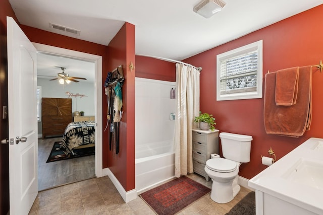 full bathroom with toilet, tile patterned floors, vanity, and shower / bathtub combination with curtain