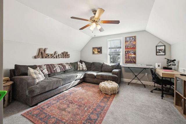 carpeted living room featuring lofted ceiling and ceiling fan