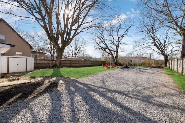 view of yard with a storage shed