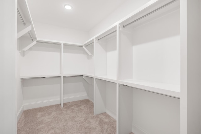 walk in closet with light carpet