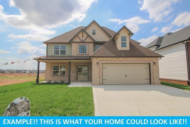 view of front of property with a porch, a garage, and a front yard