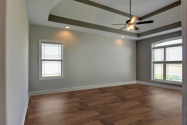 unfurnished room featuring a raised ceiling, a healthy amount of sunlight, and dark hardwood / wood-style flooring