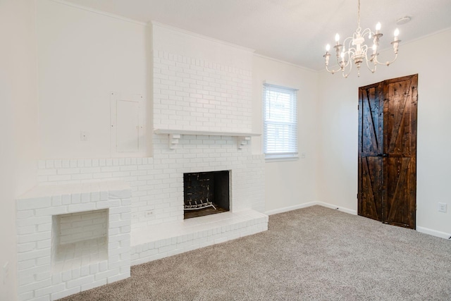 unfurnished living room featuring crown molding, carpet flooring, and a fireplace