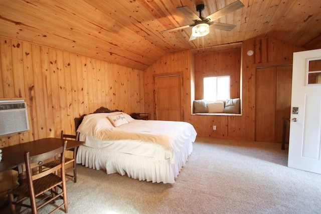 carpeted bedroom featuring vaulted ceiling, a wall mounted air conditioner, wooden ceiling, and wood walls