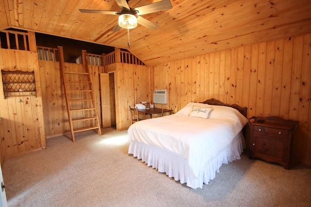 carpeted bedroom with vaulted ceiling, a wall mounted AC, wood ceiling, and wood walls