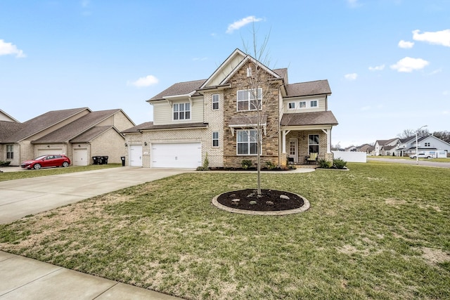 craftsman inspired home featuring a garage and a front lawn