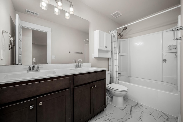 full bathroom featuring shower / bath combination with curtain, vanity, and toilet