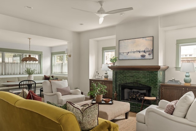 living room featuring ceiling fan