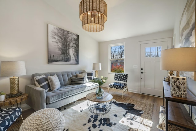 living room with hardwood / wood-style flooring and lofted ceiling