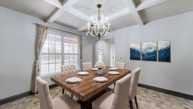 dining area with beamed ceiling, coffered ceiling, and a chandelier