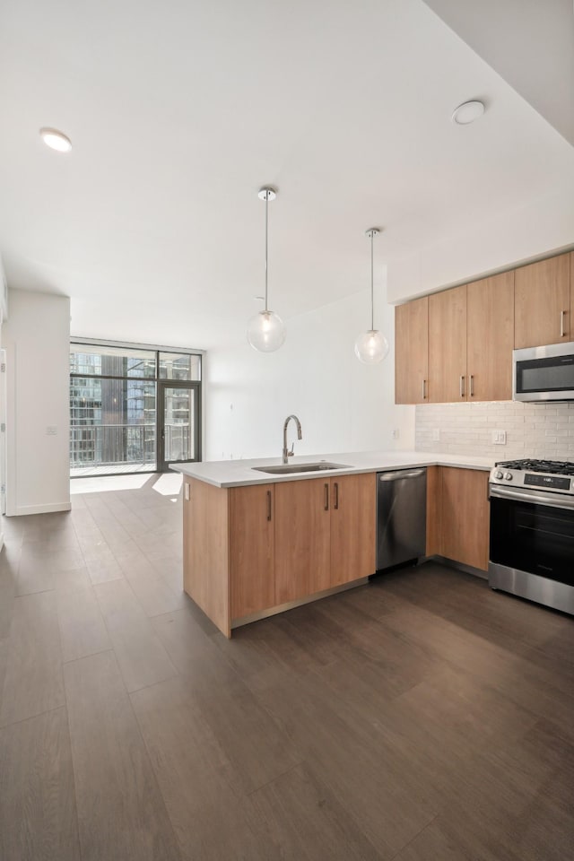 kitchen featuring appliances with stainless steel finishes, decorative light fixtures, tasteful backsplash, sink, and floor to ceiling windows