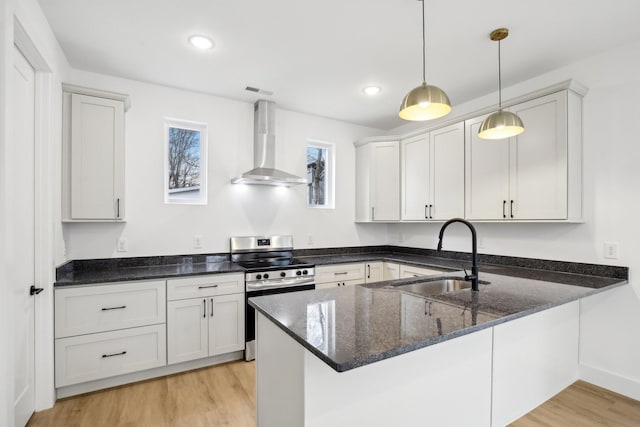 kitchen featuring sink, stainless steel range with electric cooktop, white cabinetry, hanging light fixtures, and wall chimney range hood