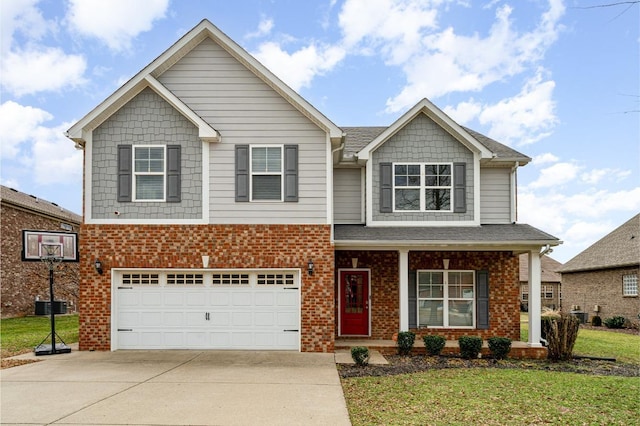 view of front facade featuring a garage, a front yard, covered porch, and cooling unit