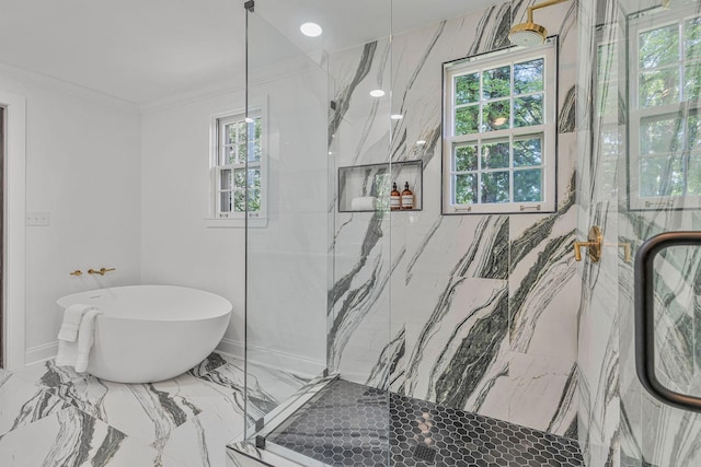 bathroom featuring independent shower and bath and crown molding