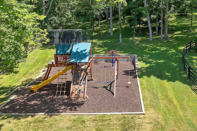 view of jungle gym with a yard