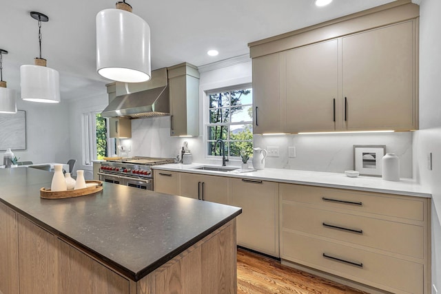 kitchen featuring sink, range with two ovens, hanging light fixtures, exhaust hood, and a healthy amount of sunlight