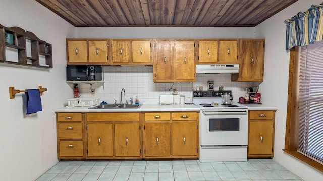 kitchen with white range with electric cooktop, sink, decorative backsplash, and wooden ceiling