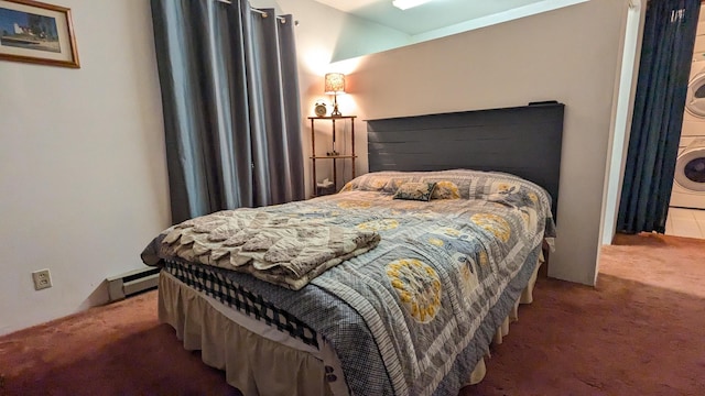 bedroom with dark colored carpet, stacked washer / drying machine, and a baseboard radiator