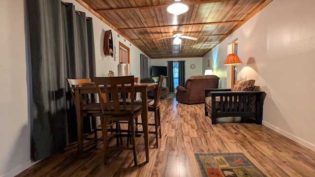 dining area with wood ceiling and wood-type flooring