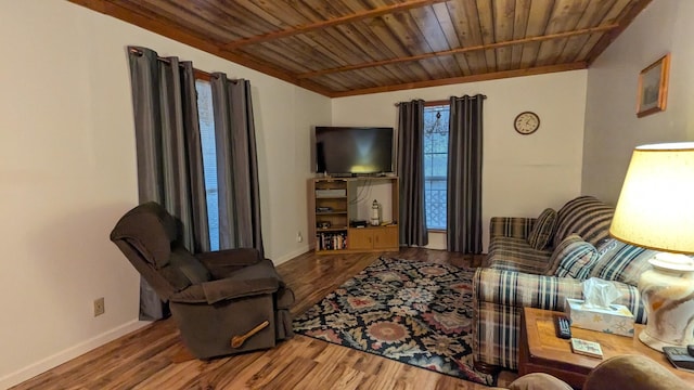 living room featuring wood ceiling and wood-type flooring