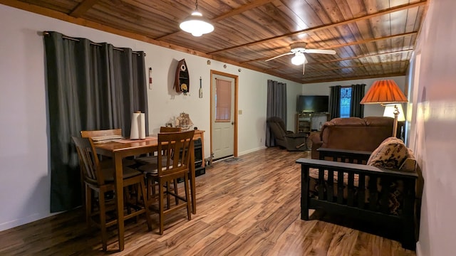 interior space featuring wood ceiling, ceiling fan, and hardwood / wood-style flooring