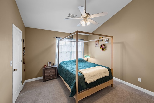 bedroom with vaulted ceiling, light carpet, and ceiling fan